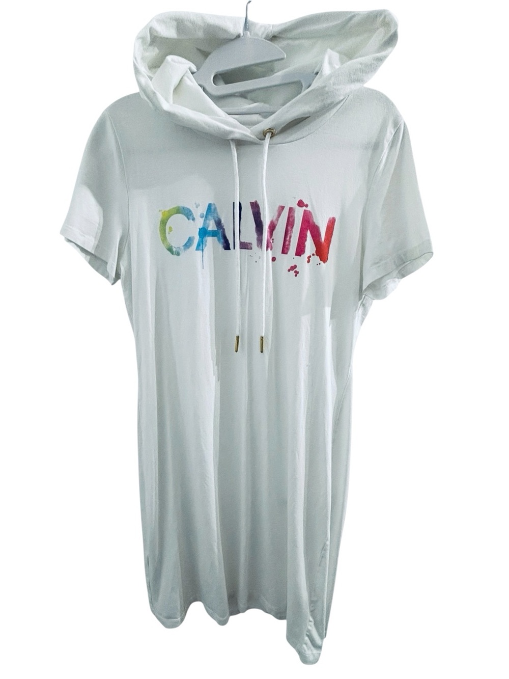 💕Calvin Klein White Médium Short-Sleeve Hoodie Dress Rainbow 'CALVIN' Print💙NEW